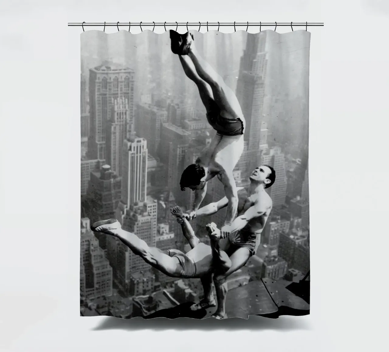 Three acrobats at the Empire State Building 1934 shower curtain by ARTOTHEK