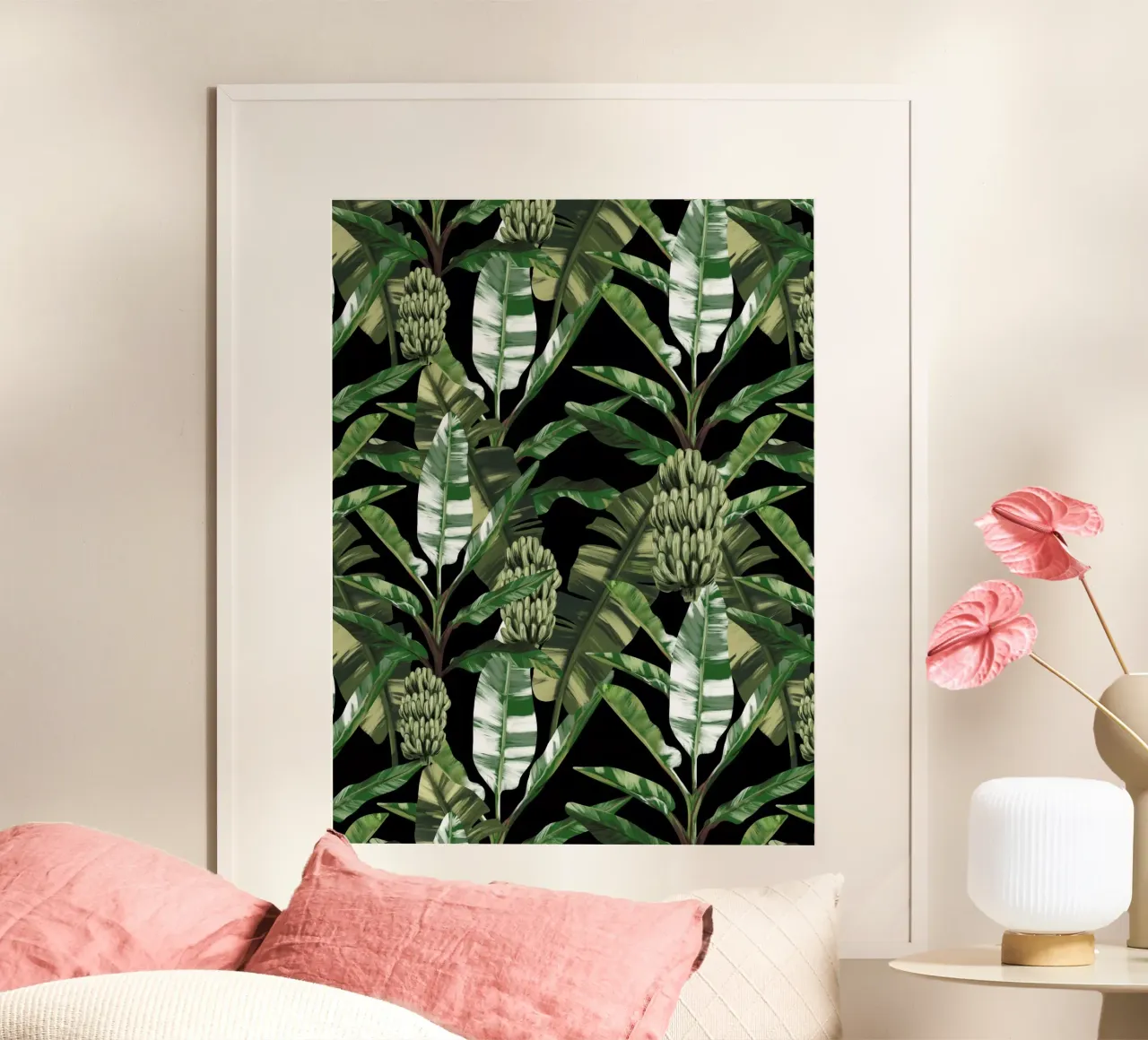 Tropical leaves Green Pattern poster con telaio in legno da anisillustration