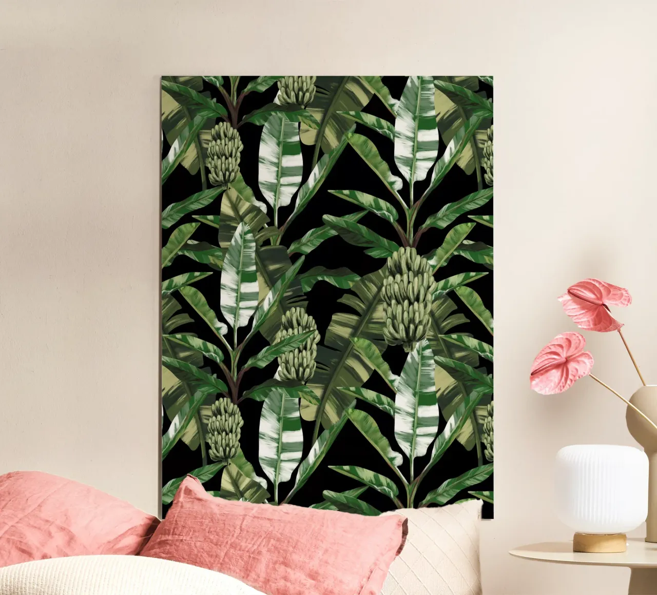 Tropical leaves Green Pattern poster con telaio in legno da anisillustration