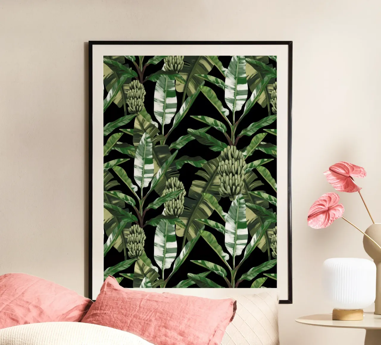 Tropical leaves Green Pattern poster con telaio in legno da anisillustration