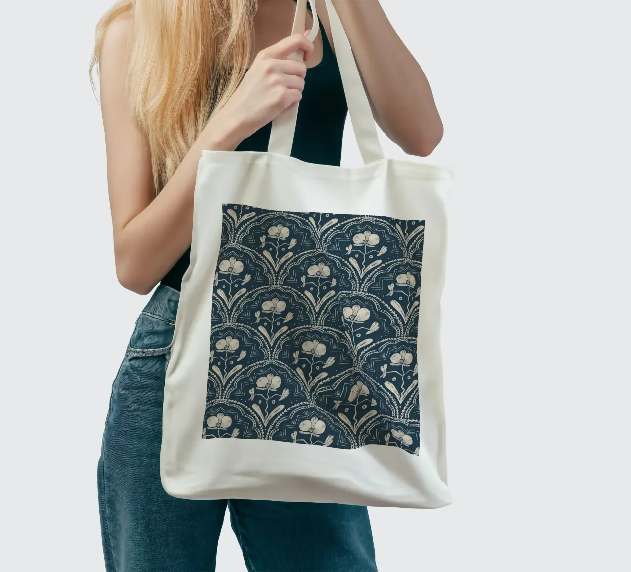 Bohemian Orchid Blue Tiles Pattern borsa in juta da anisillustration