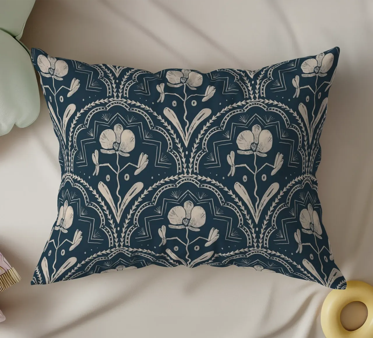 Bohemian Orchid Blue Tiles Pattern cuscino da anisillustration