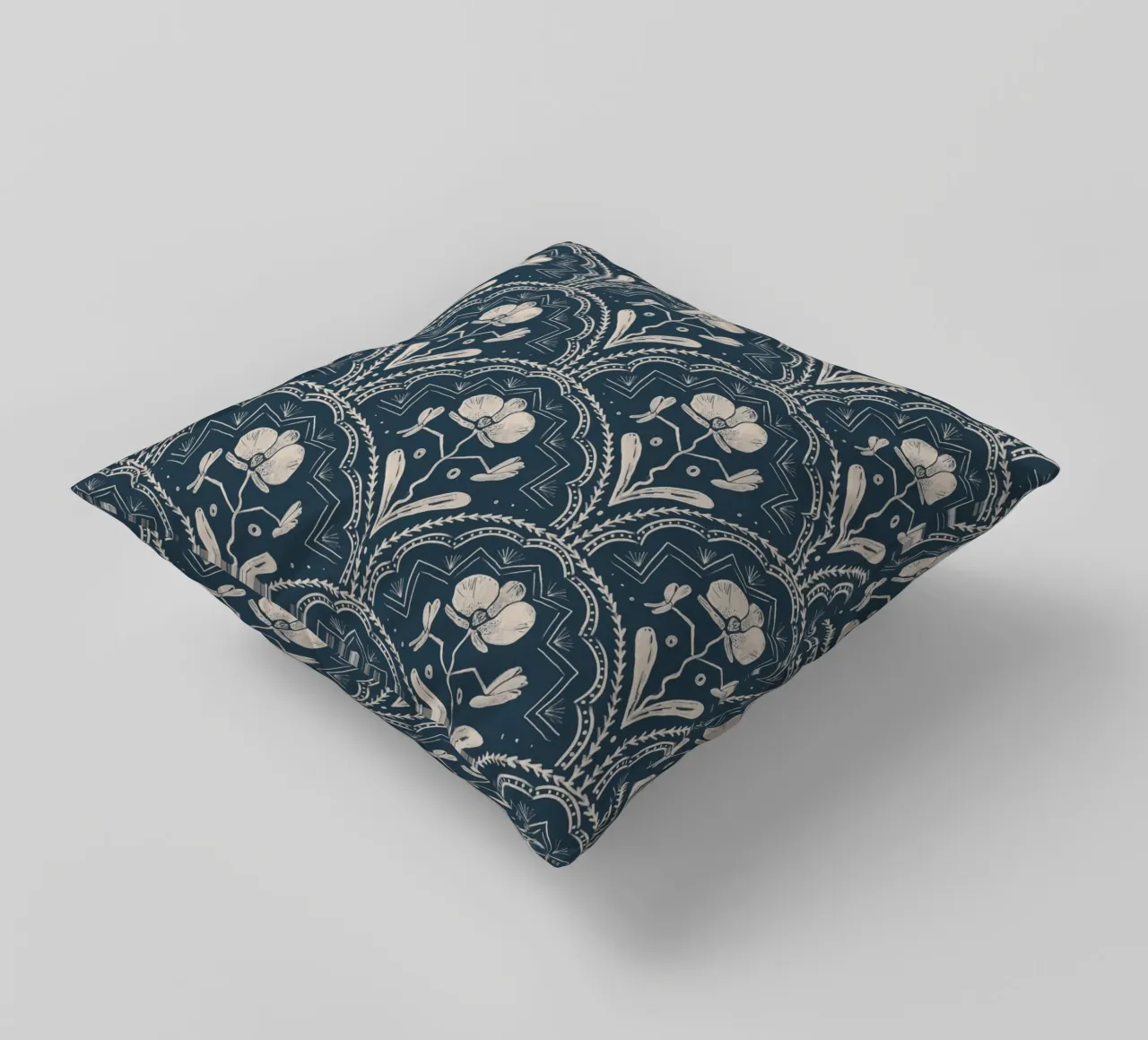 Bohemian Orchid Blue Tiles Pattern cuscino da anisillustration