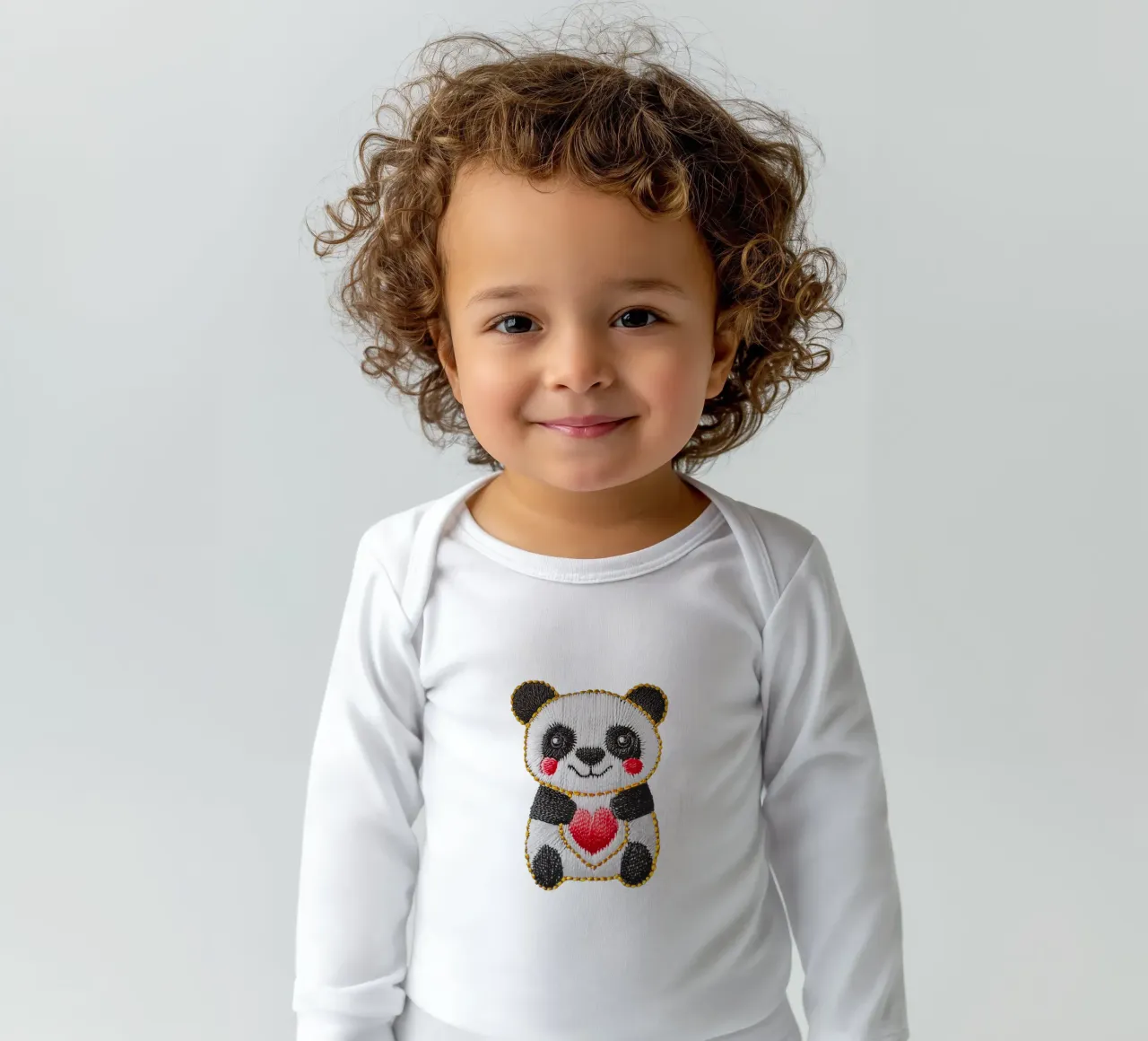 Panda with heart | Digital embroidery long-sleeve baby romper by Autofocus