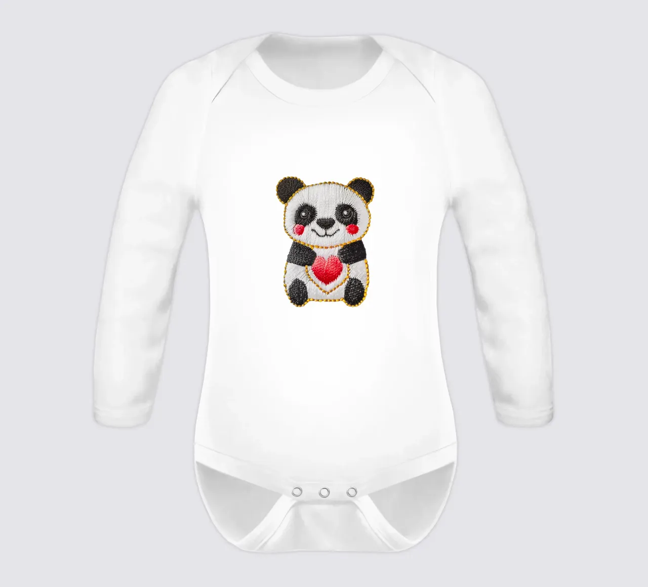 Panda with heart | Digital embroidery long-sleeve baby romper by Autofocus