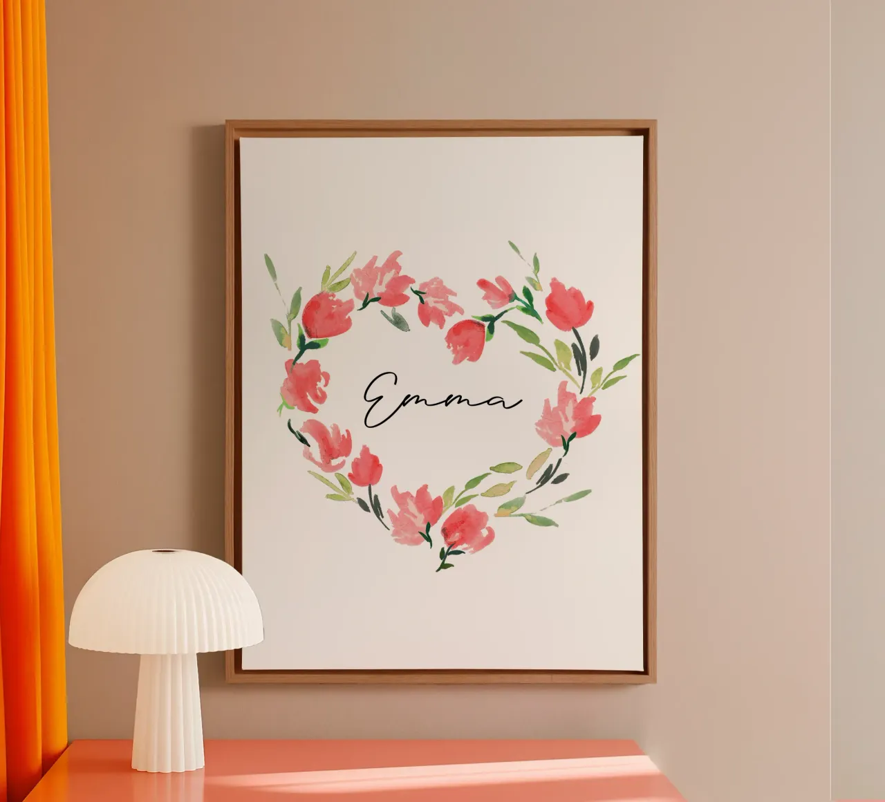 Watercolor Floral Heart Wreath with Name tela con Cornice a cassetta da anisillustration