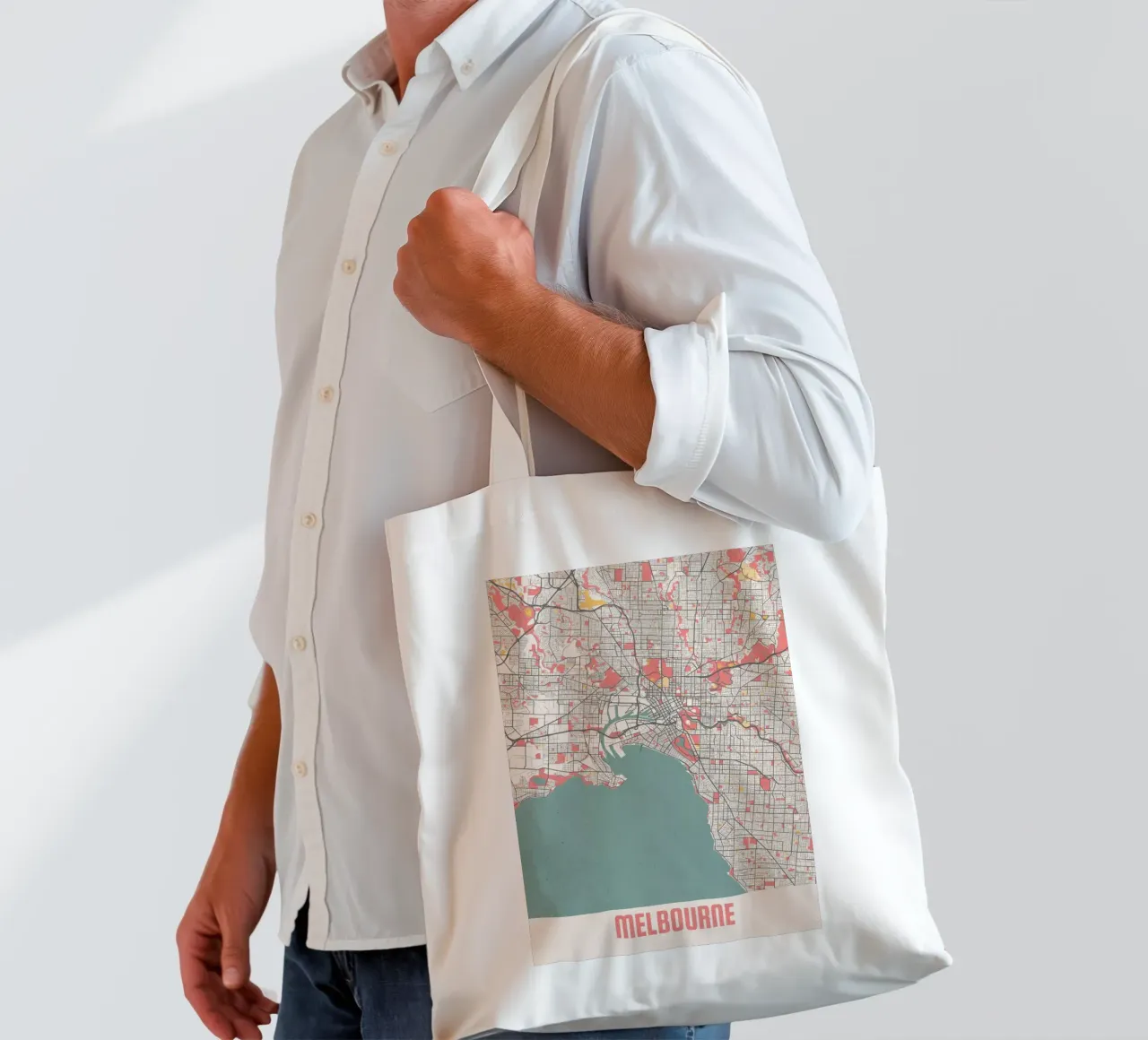 Ontdek Melbourne - Stijlvolle stadsplattegrond in FineArt-ontwerp jute draagtas van MOOODZART