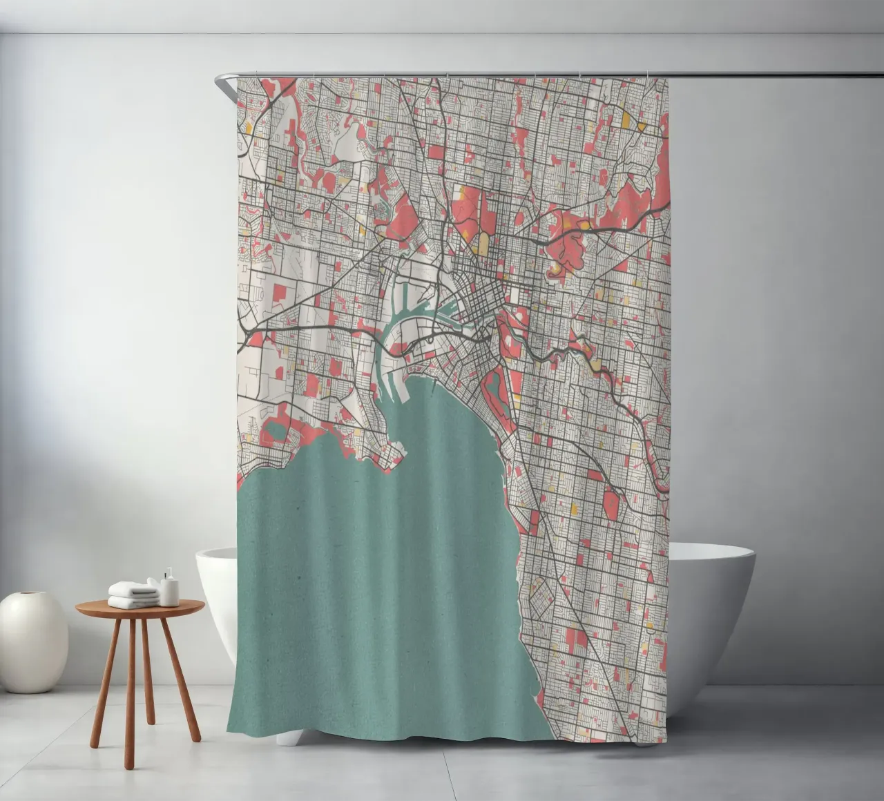 Ontdek Melbourne - Stijlvolle stadsplattegrond in FineArt-ontwerp douchegordijn van MOOODZART
