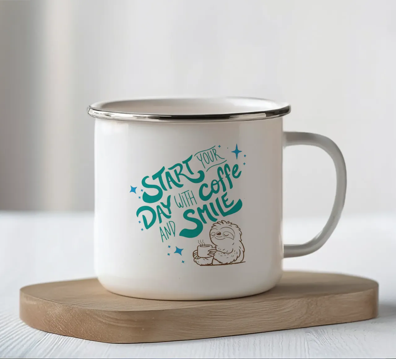 Iniziare la giornata con un caffè e un sorriso tazza in smalto da Gunawan Rb