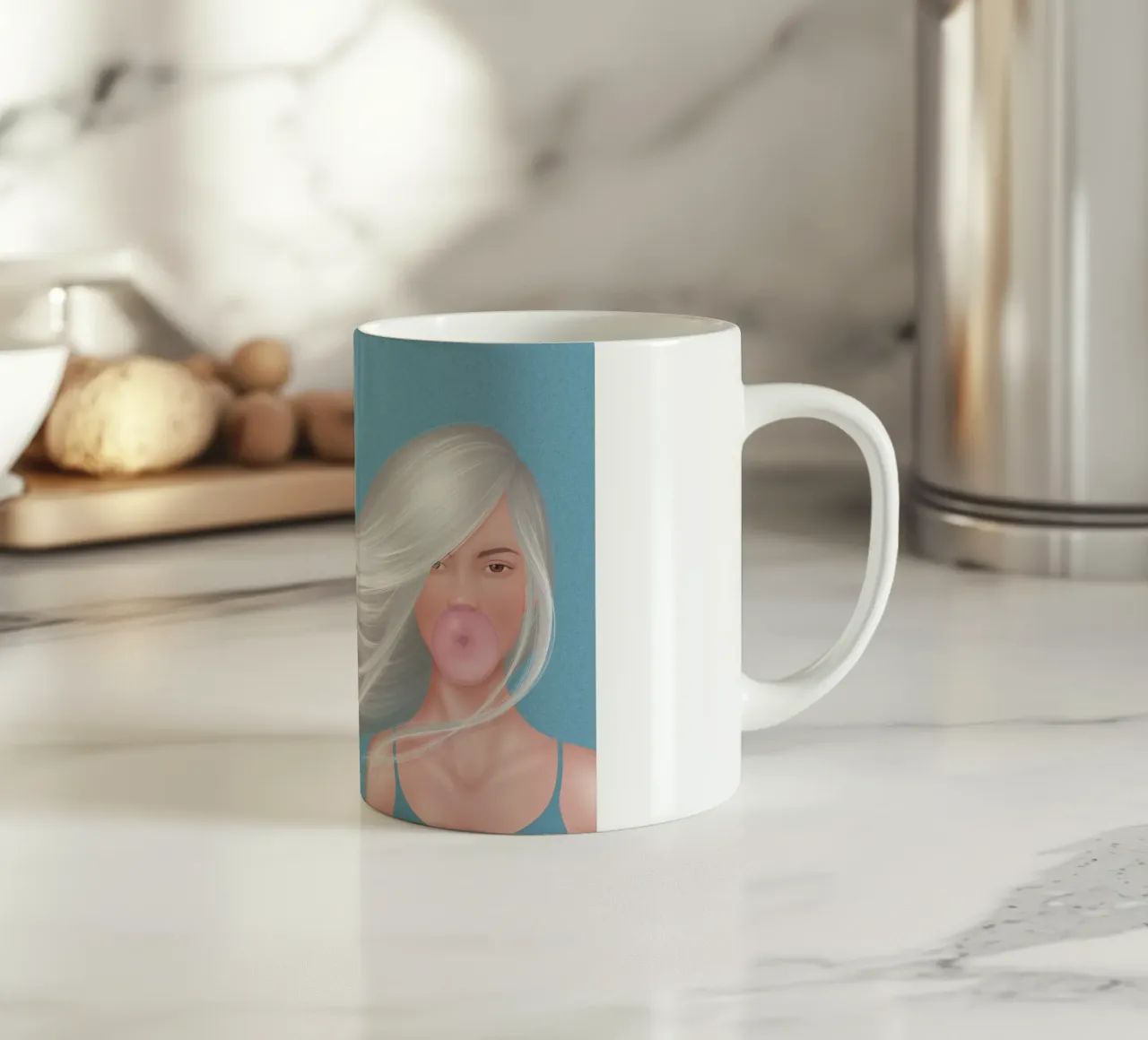 Ragazza con gomma da masticare tazza in ceramica da Artascy Art