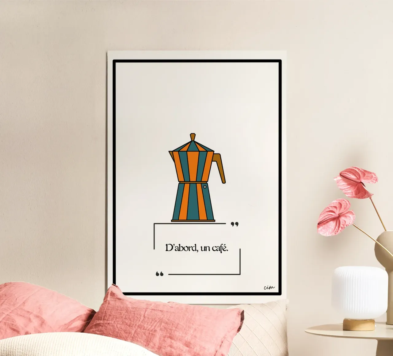 First coffee ! d'abord un café ! poster avec cadre en aluminium de cim_art