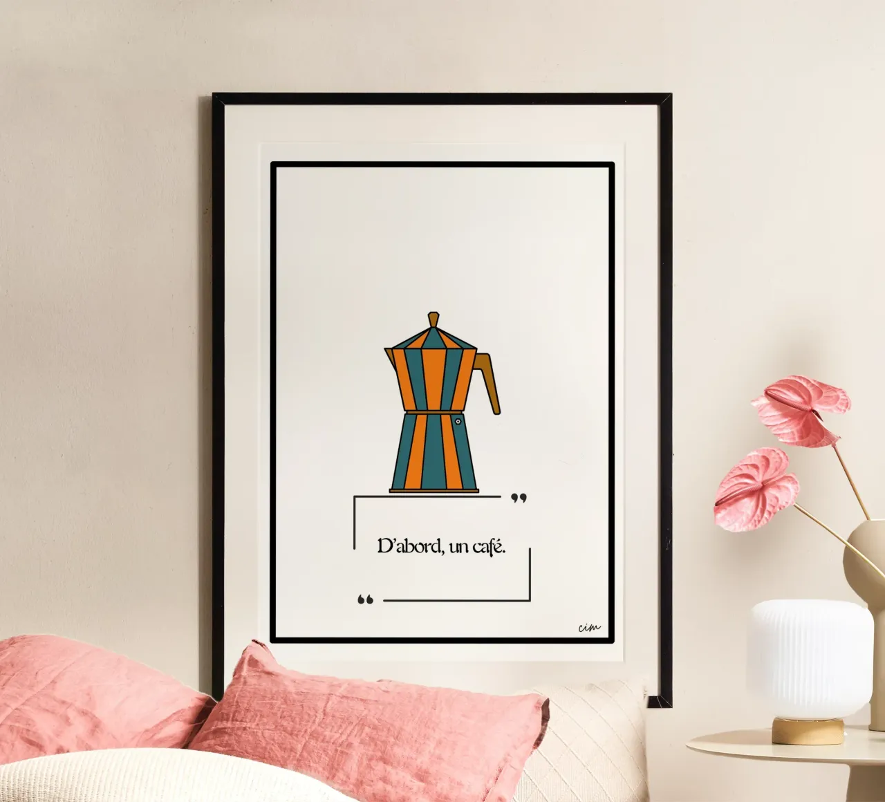 First coffee ! d'abord un café ! poster avec cadre en aluminium de cim_art