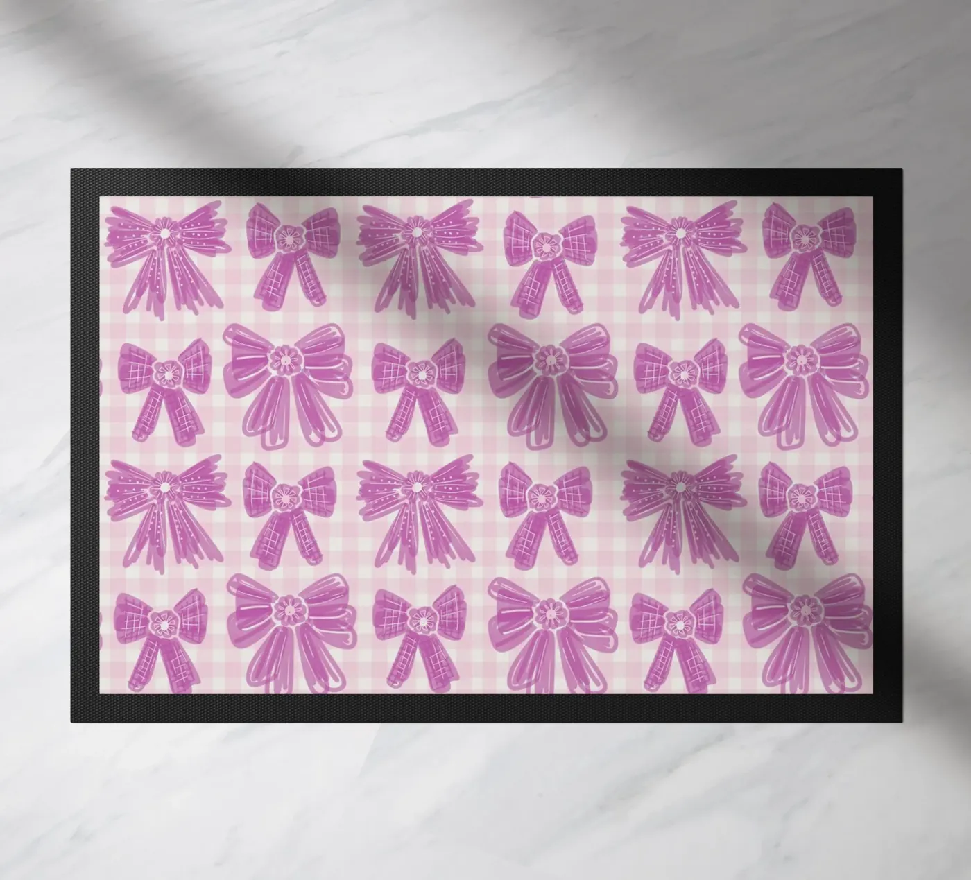Pink Bows Gingham Pattern doormat by anisillustration