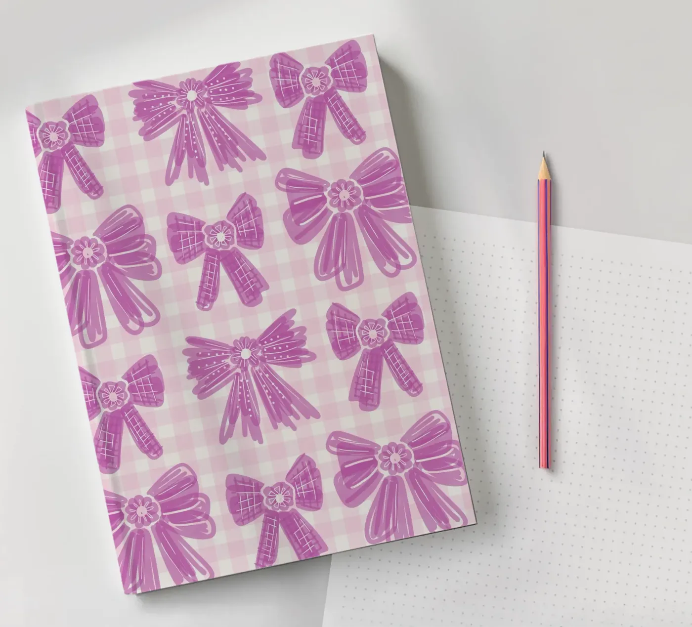 Pink Bows Gingham Pattern notebook by anisillustration