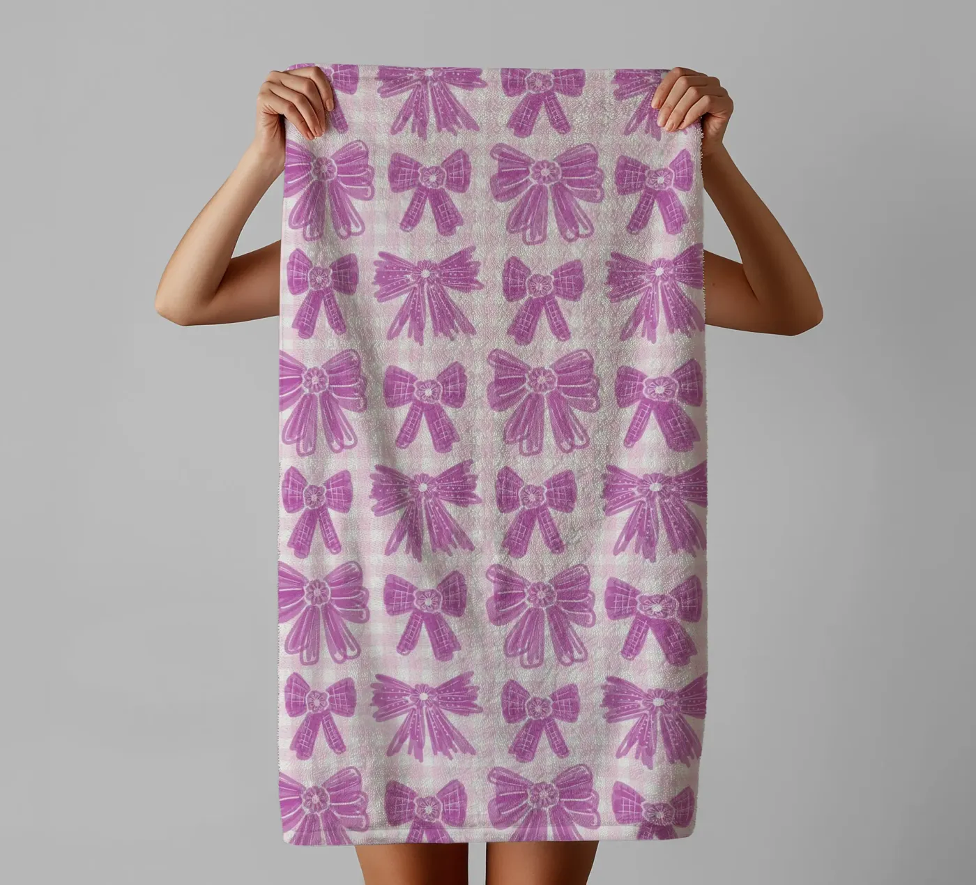 Pink Bows Gingham Pattern towel by anisillustration
