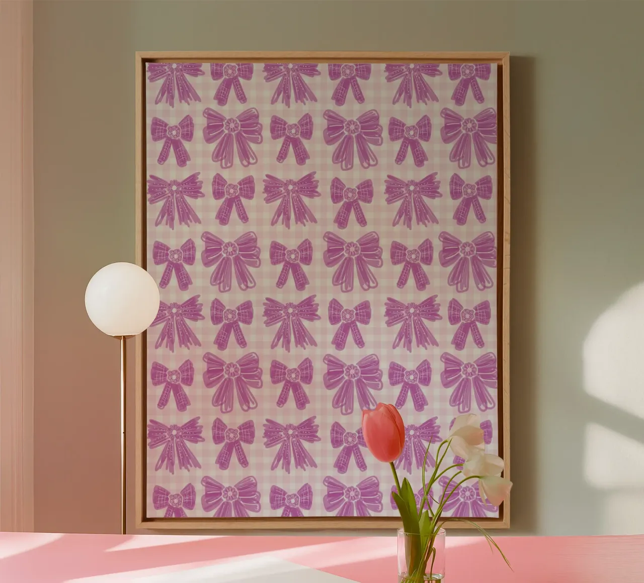 Pink Bows Gingham Pattern tela con Cornice a cassetta da anisillustration