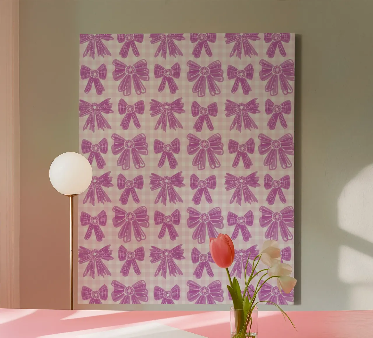 Pink Bows Gingham Pattern tela con Cornice a cassetta da anisillustration