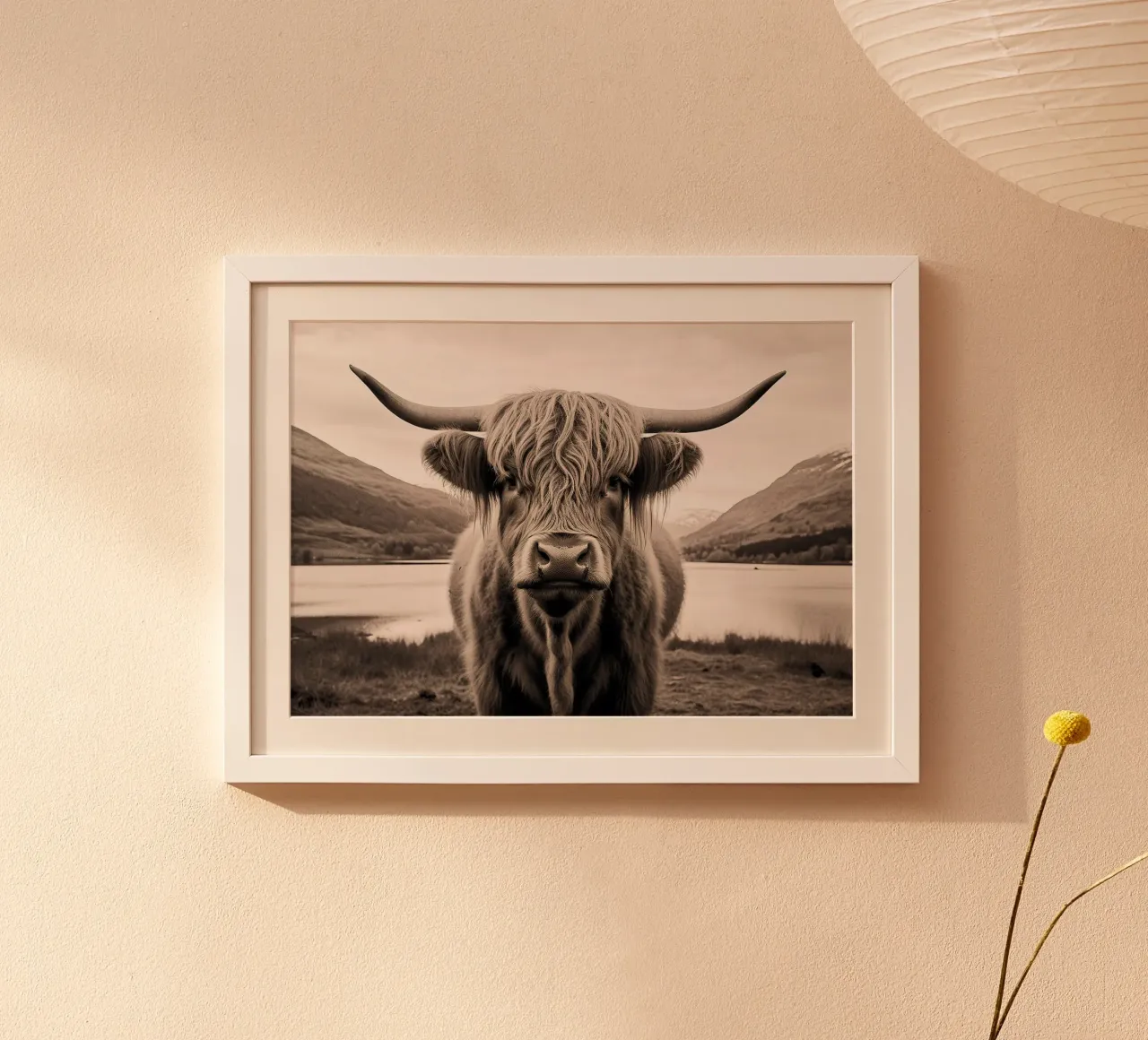 Libertà pelosa: mucca Highland in aperta campagna poster con telaio in legno da Nikis Art Studio