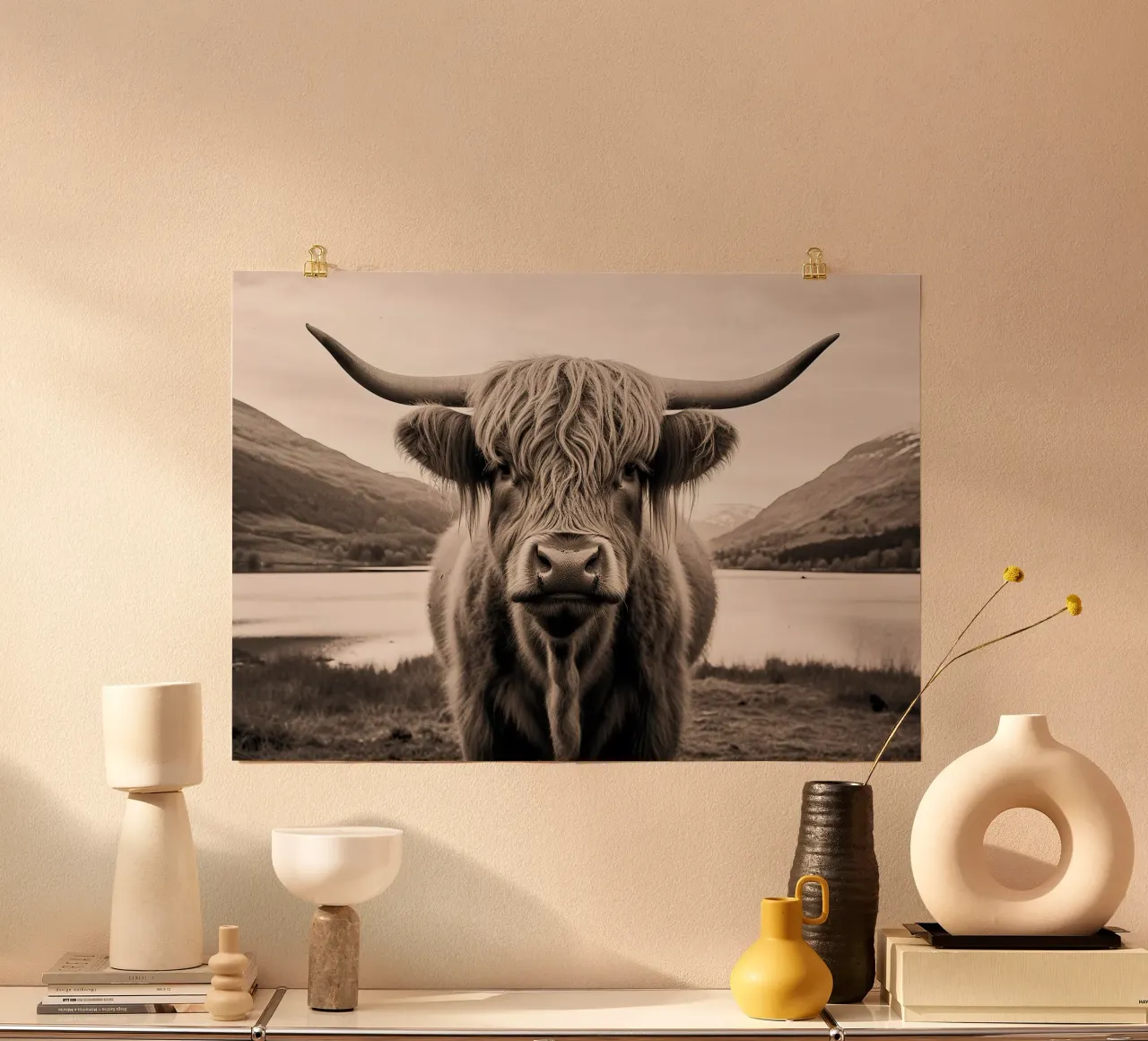 Libertà pelosa: mucca Highland in aperta campagna poster con telaio in legno da Nikis Art Studio