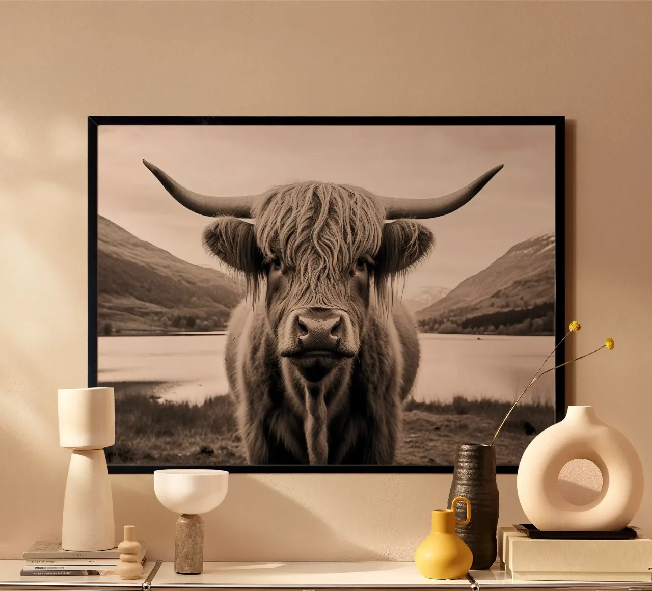 Libertà pelosa: mucca Highland in aperta campagna poster con telaio in legno da Nikis Art Studio