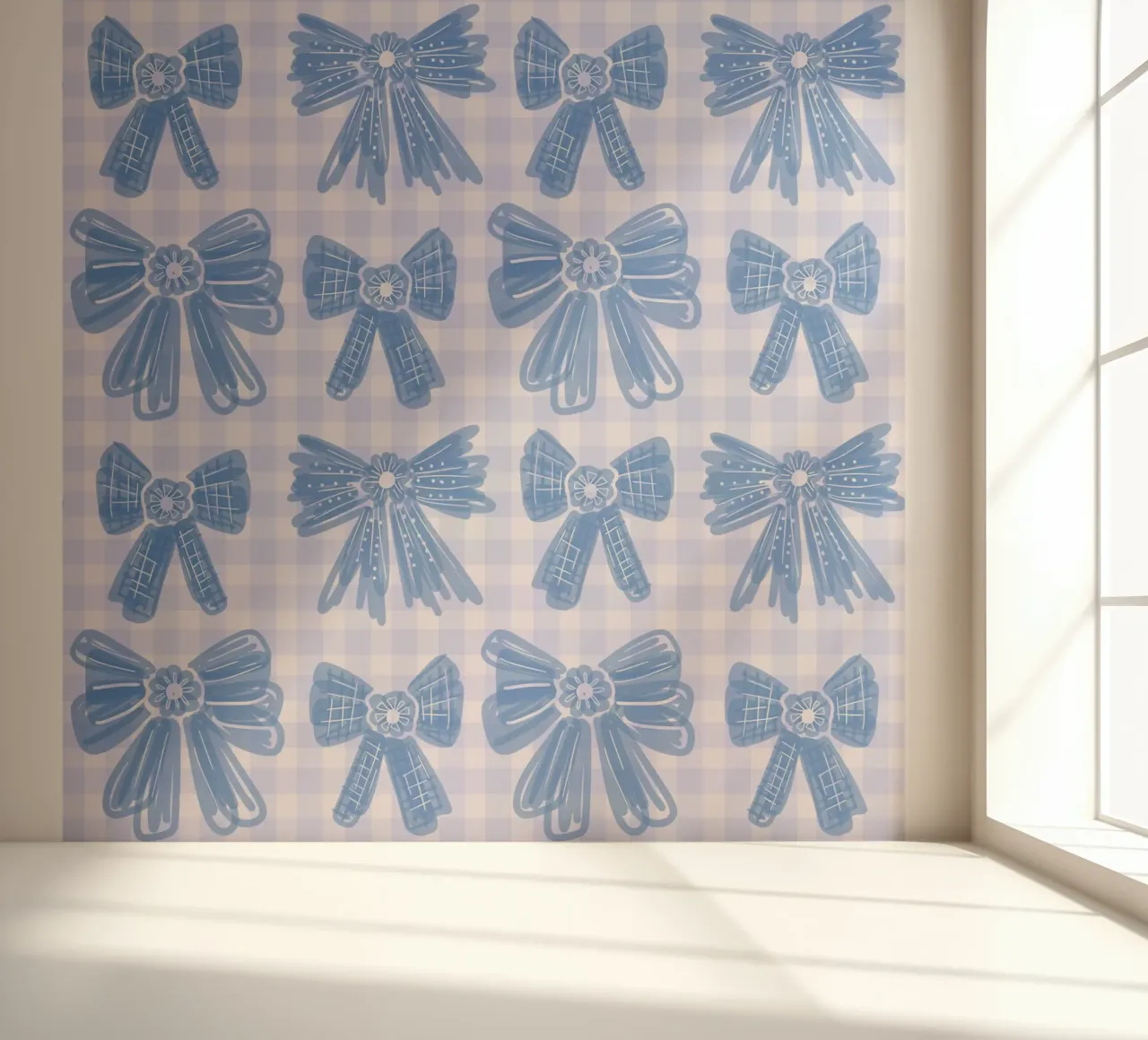 Blue Bows Gingham Pattern photo wallpaper by anisillustration