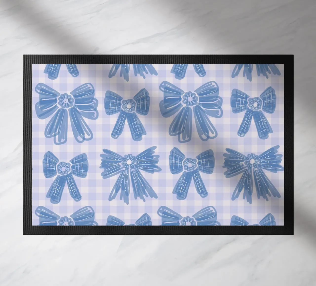 Blue Bows Gingham Pattern doormat by anisillustration