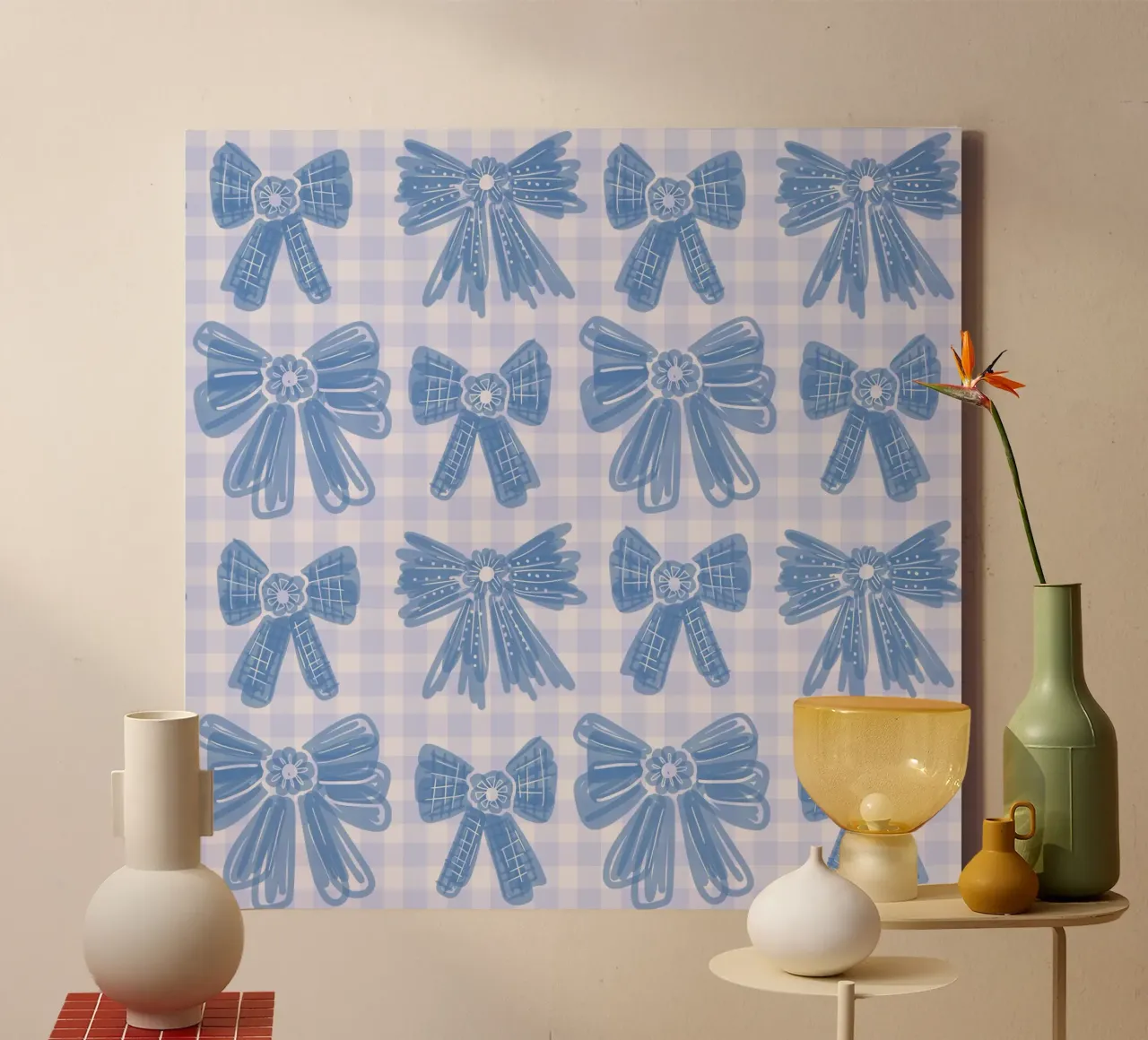 Blue Bows Gingham Pattern canvas by anisillustration