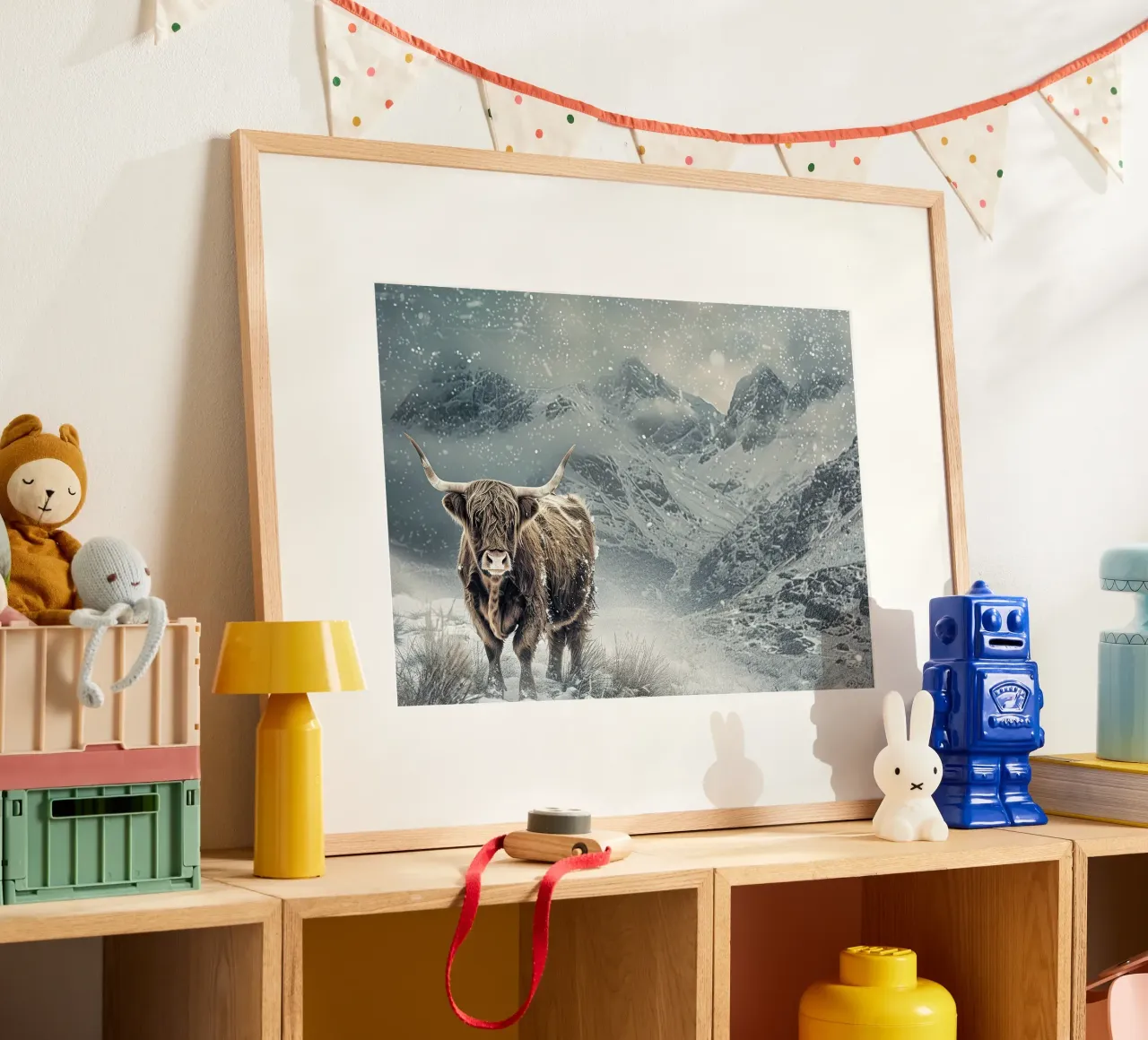 Natura intrecciata: la mucca delle Highlands e i Wildni poster con telaio in plastica da Nikis Art Studio