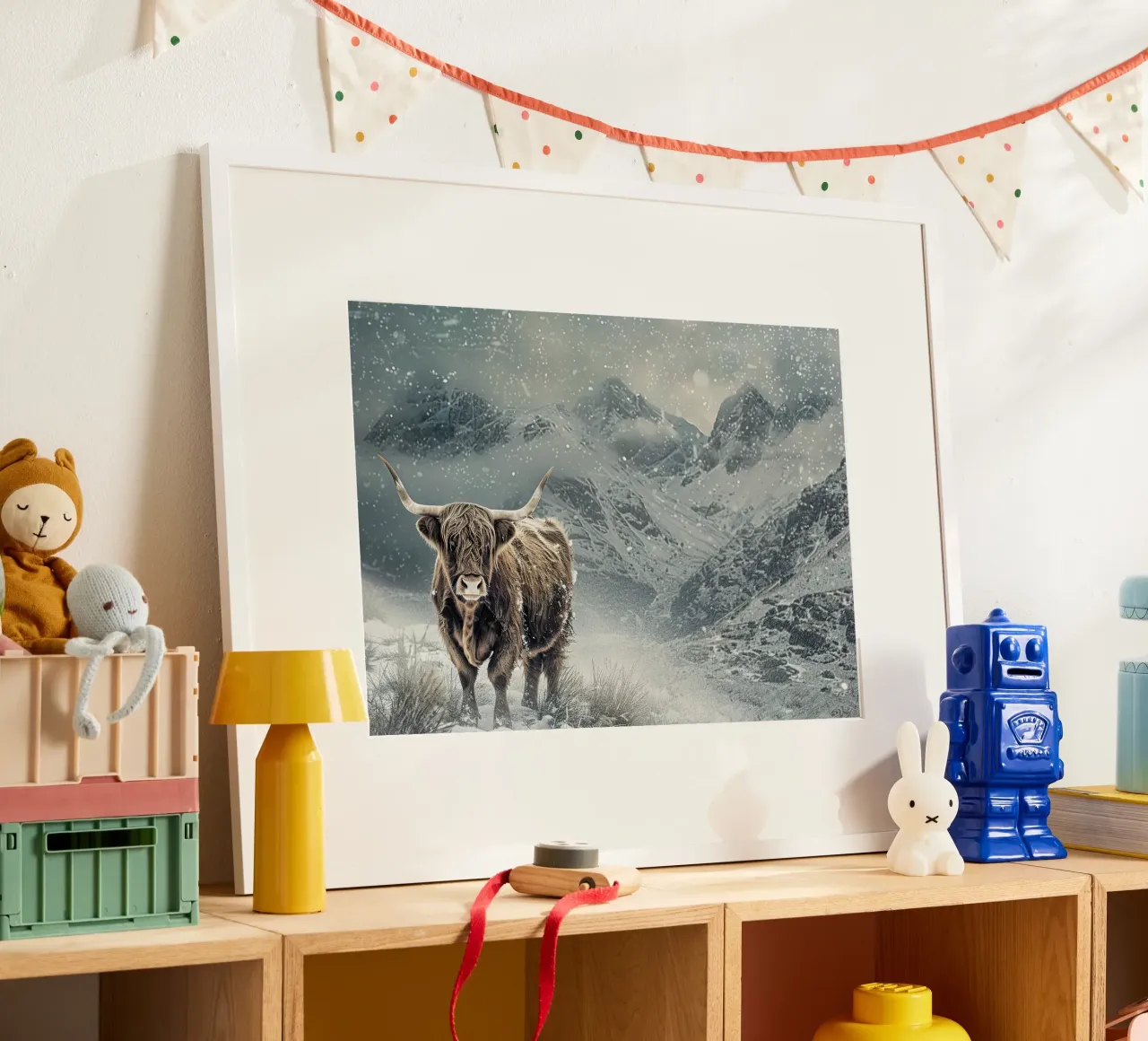 Natura intrecciata: la mucca delle Highlands e i Wildni poster con telaio in plastica da Nikis Art Studio