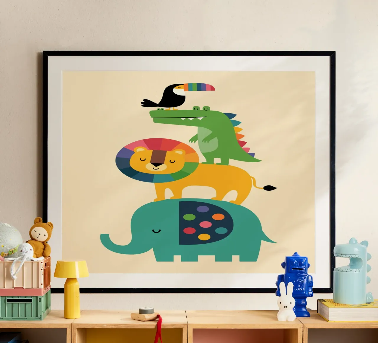 Regenbogen-Safari Poster mit Aluminium Rahmen von Andy Westface