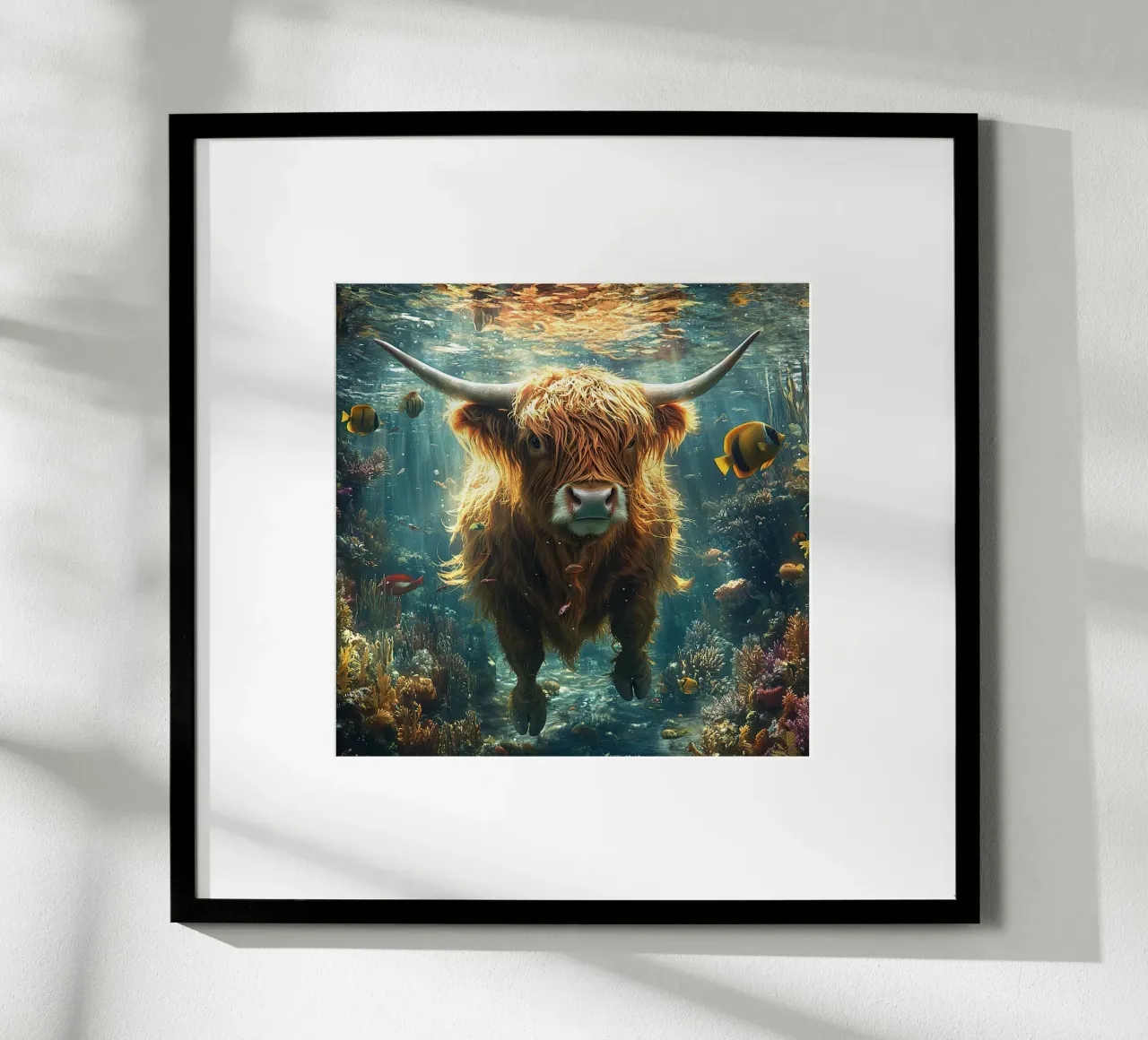 Pellicce in piena: La mucca delle Highlands si tuffa poster con telaio in legno da Nikis Art Studio