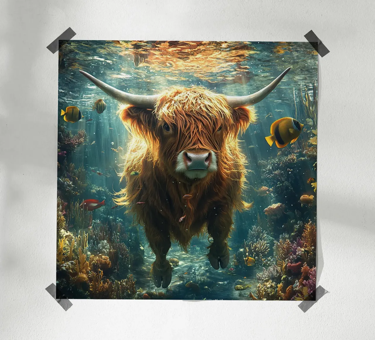 Pellicce in piena: La mucca delle Highlands si tuffa poster con telaio in legno da Nikis Art Studio