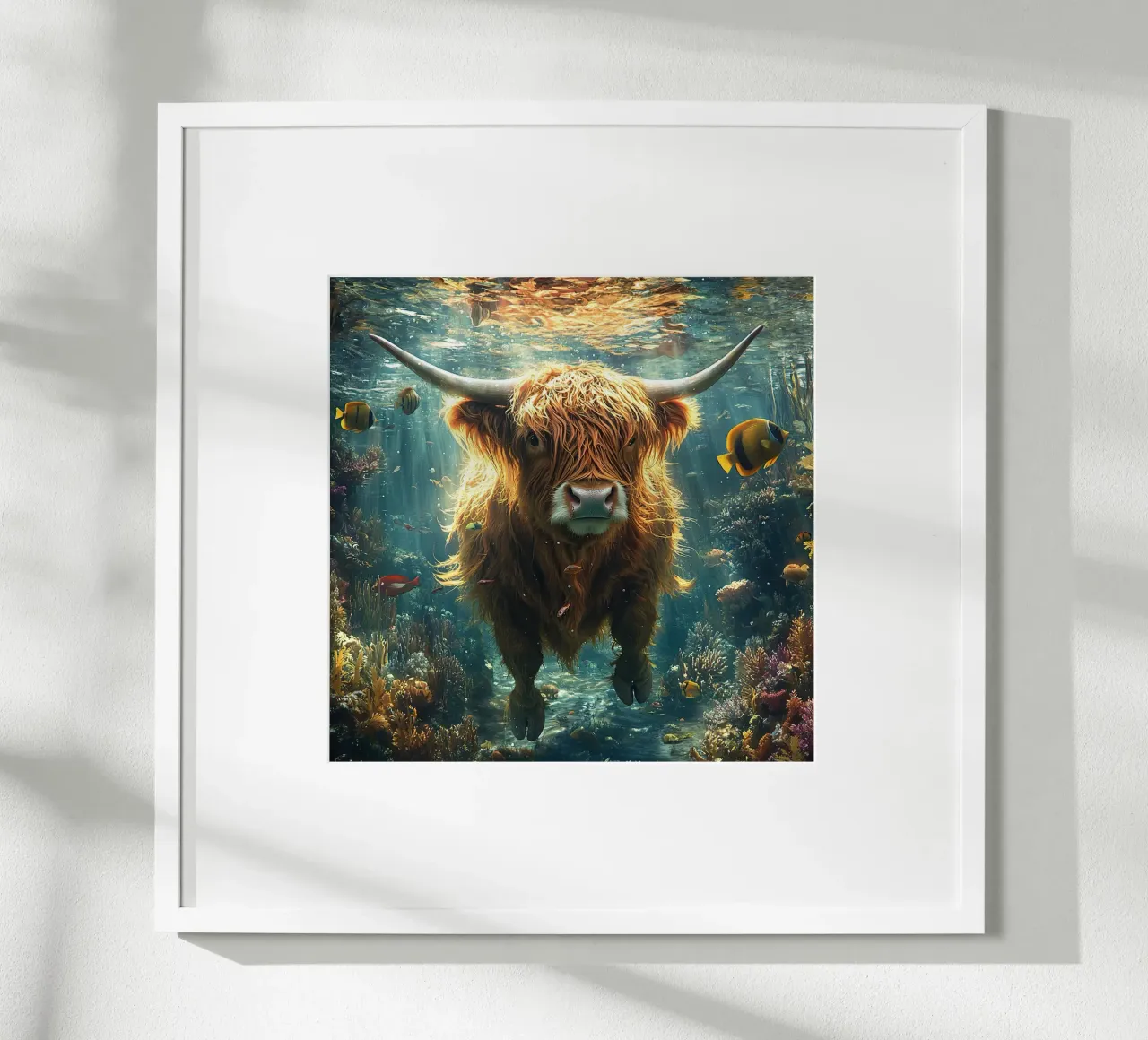 Pellicce in piena: La mucca delle Highlands si tuffa poster con telaio in legno da Nikis Art Studio