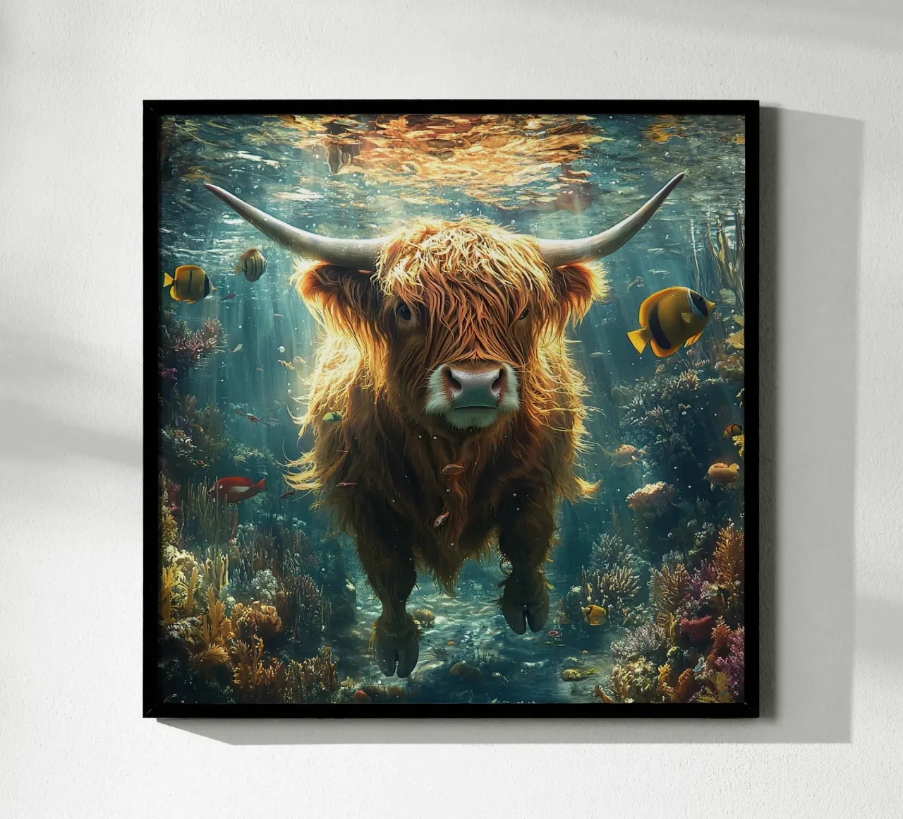 Pellicce in piena: La mucca delle Highlands si tuffa poster con telaio in legno da Nikis Art Studio