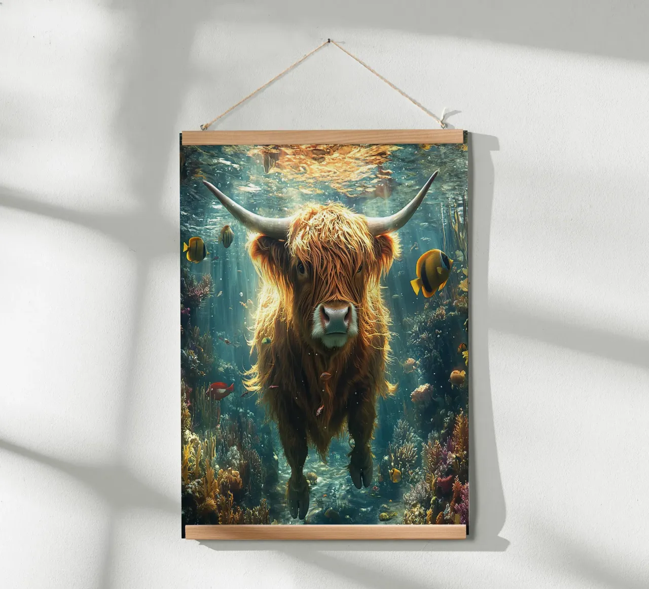 Pellicce in piena: La mucca delle Highlands si tuffa poster con telaio in legno da Nikis Art Studio