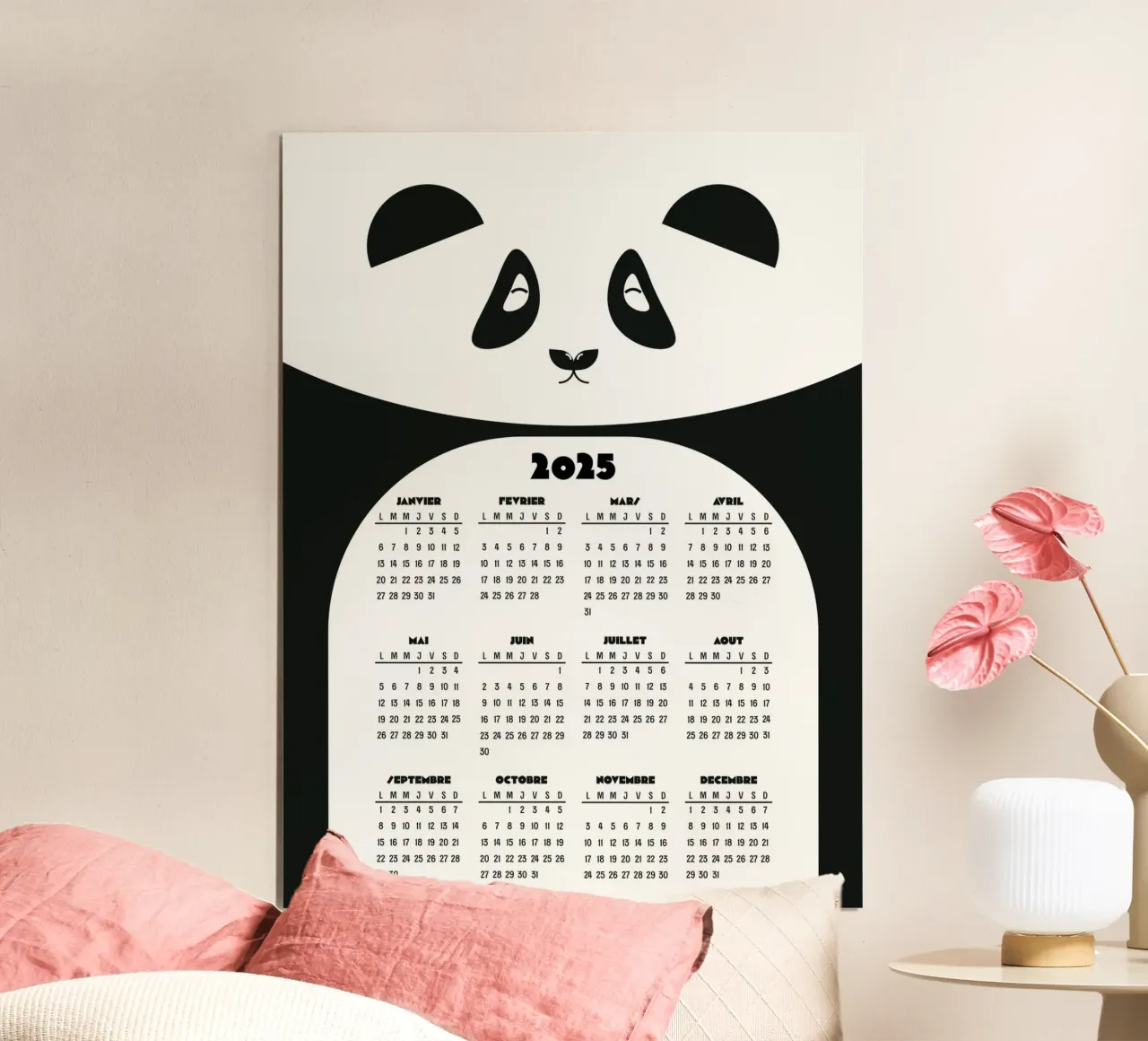 Panda black and white calendar 2025 poster with aluminum frame by 2fevrierArtStudio
