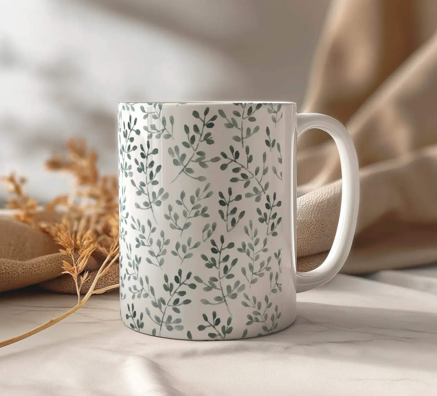 Tiny Leaves Green Pattern ceramic mug by anisillustration