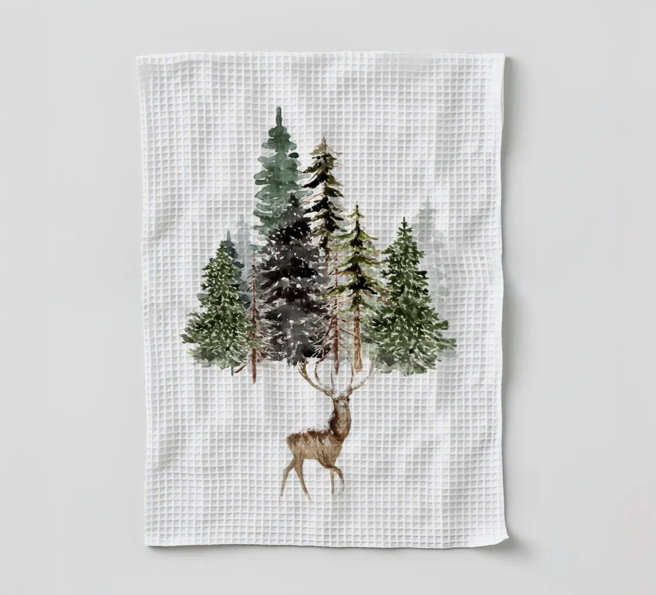 Wald und Hirsch – Winterlicher Aquarell-Druck tea towel by Whole©