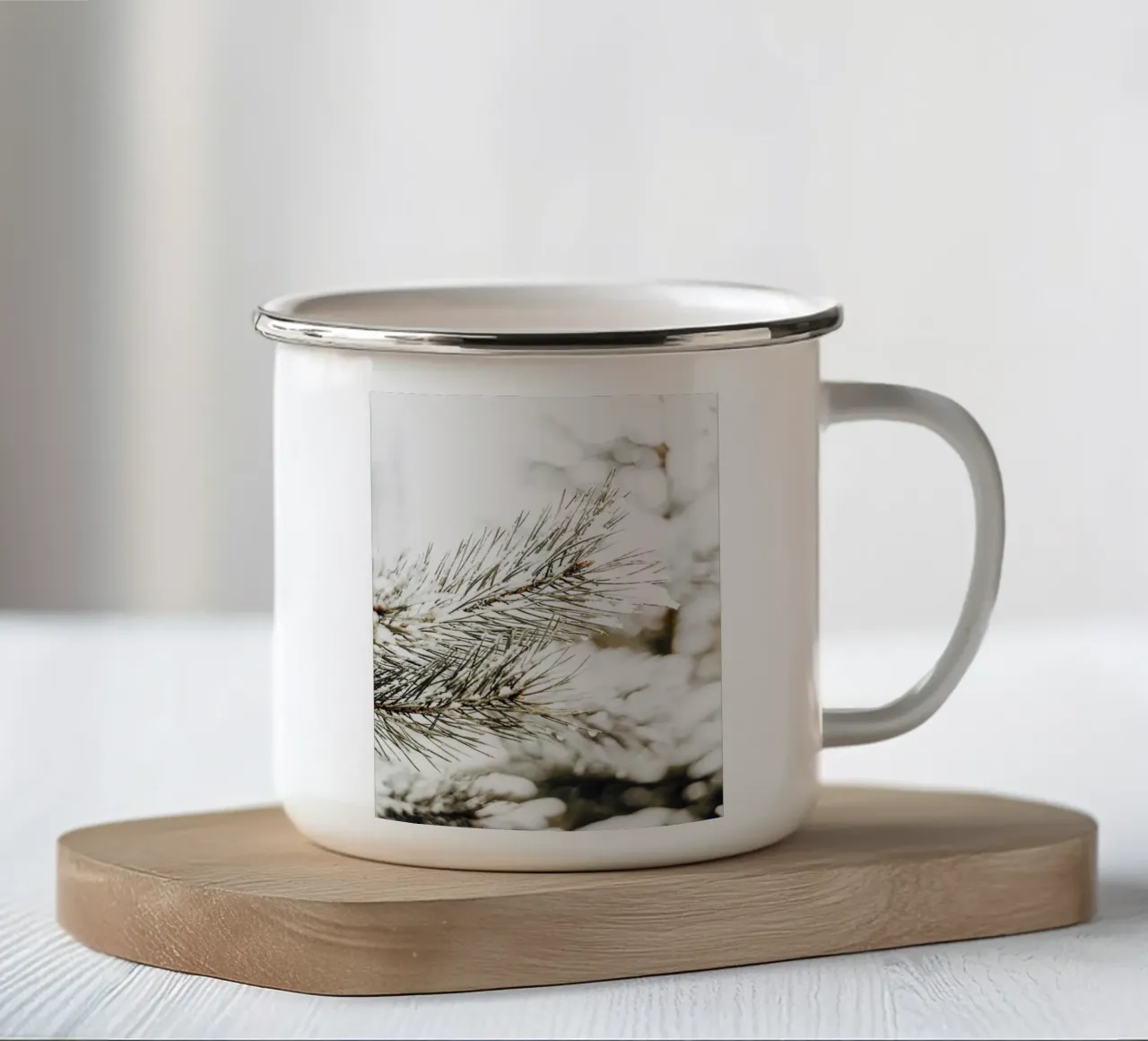 Snowy Fir Branch - Winter Botanical Art Print enamel mug by Whole©