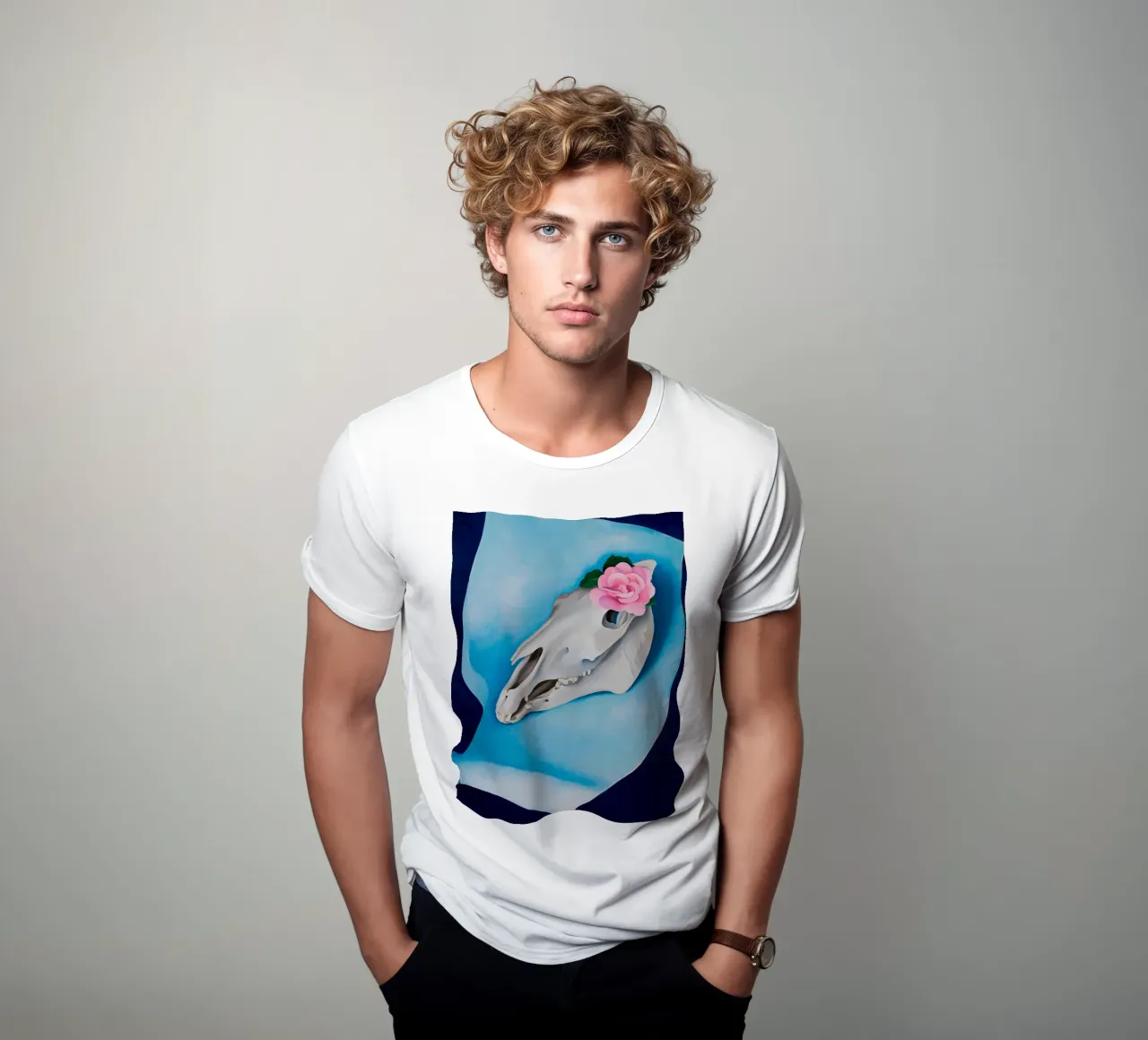 Georgia O'Keeffe - Horse's Skull with Pink Rose t-shirt by Kinsley