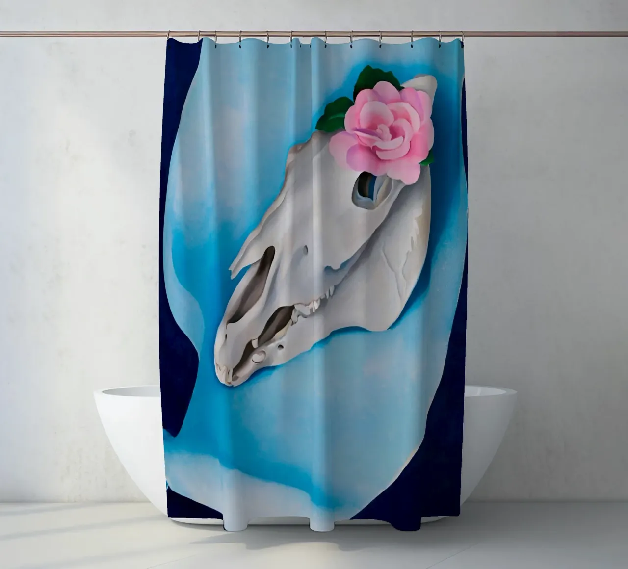 Georgia O'Keeffe - Horse's Skull with Pink Rose shower curtain by Kinsley