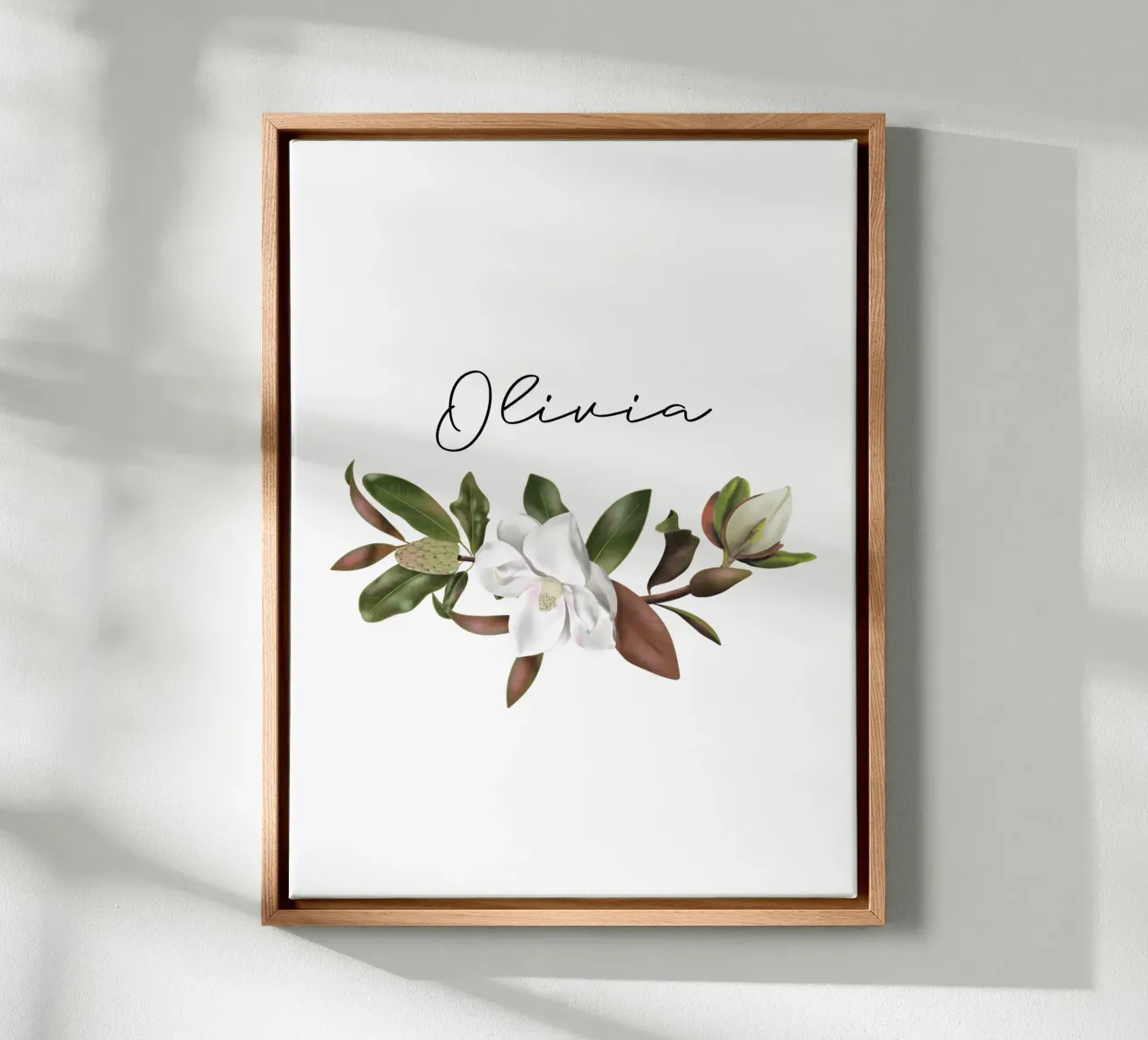 Magnolias bouquet with Name tela con Cornice a cassetta da anisillustration