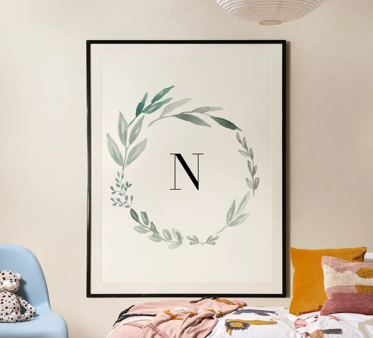 Eucalyptus Watercolor Wreath with Letter poster with plastic frame by anisillustration