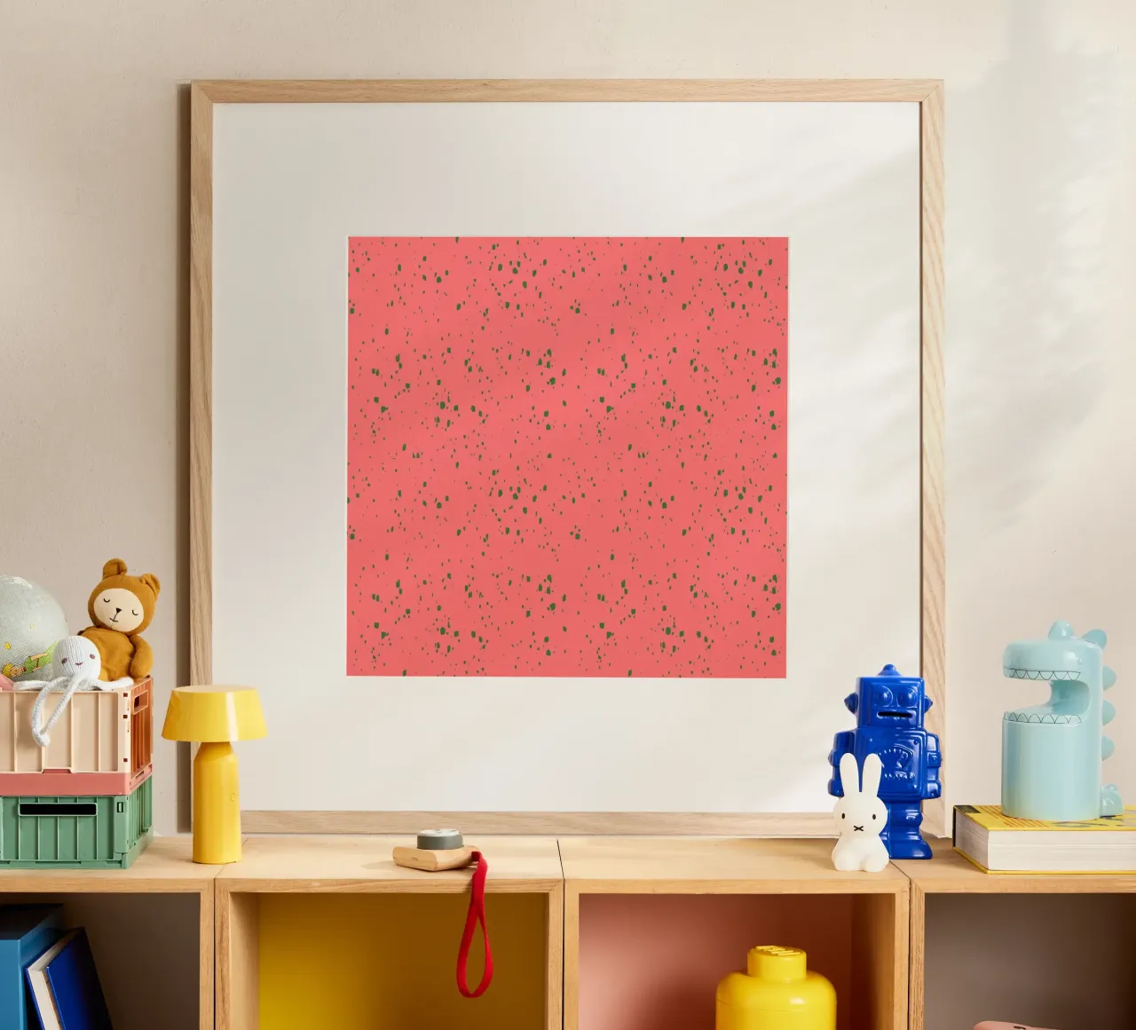 Pink Green Spatter poster with plastic frame by Victoriabeyer