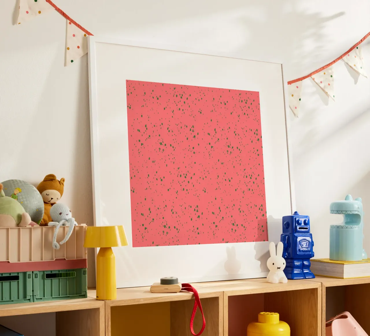 Pink Green Spatter poster with plastic frame by Victoriabeyer