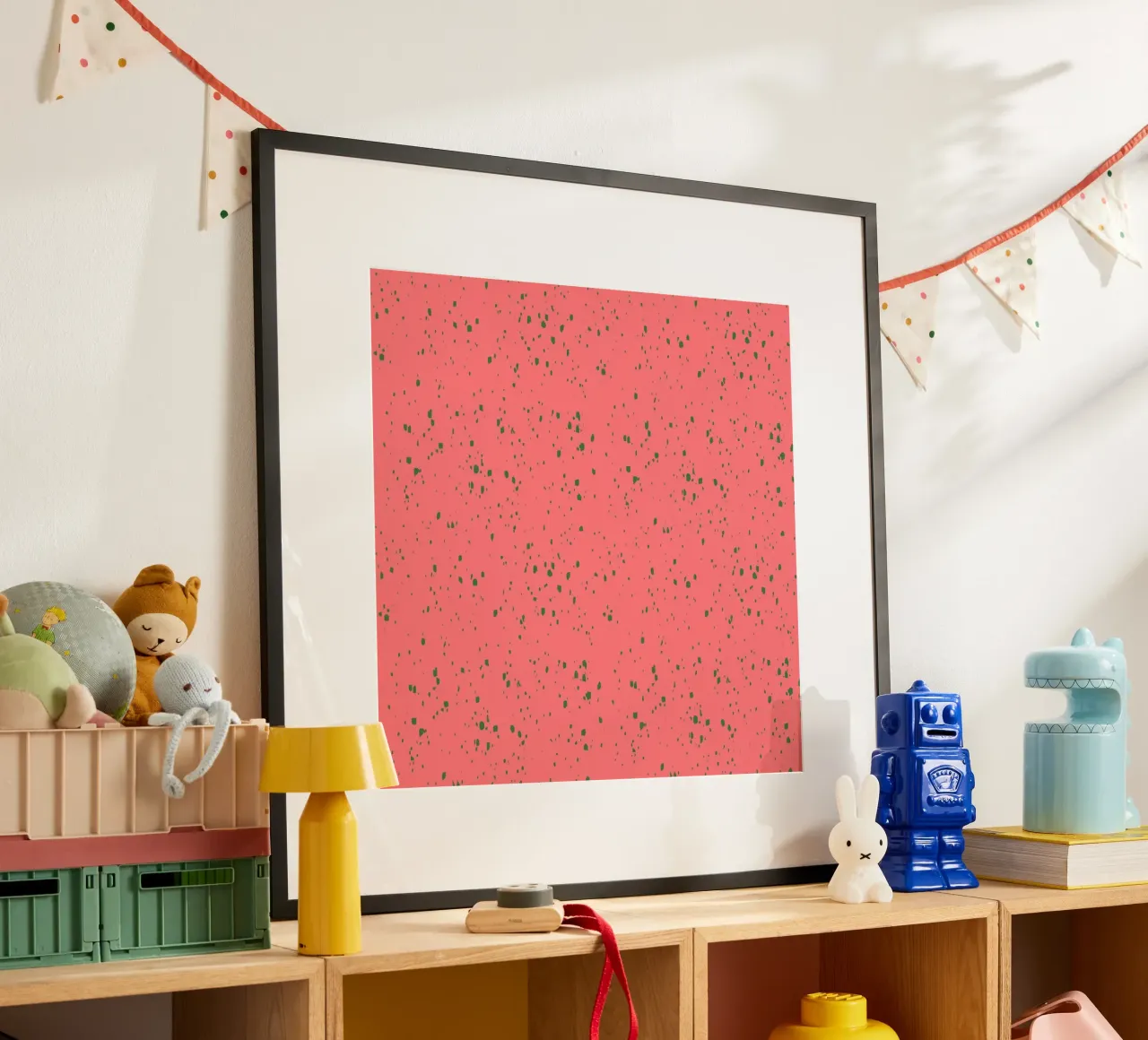 Pink Green Spatter poster with plastic frame by Victoriabeyer