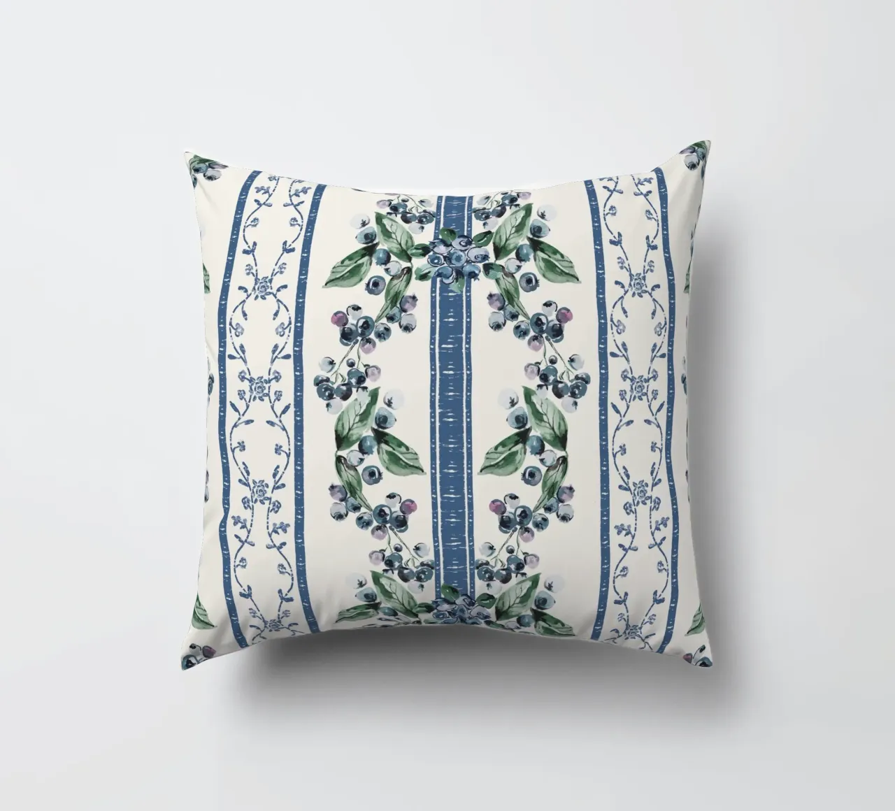 Blueberries Stripes Grandmillennial Pattern cuscino da anisillustration