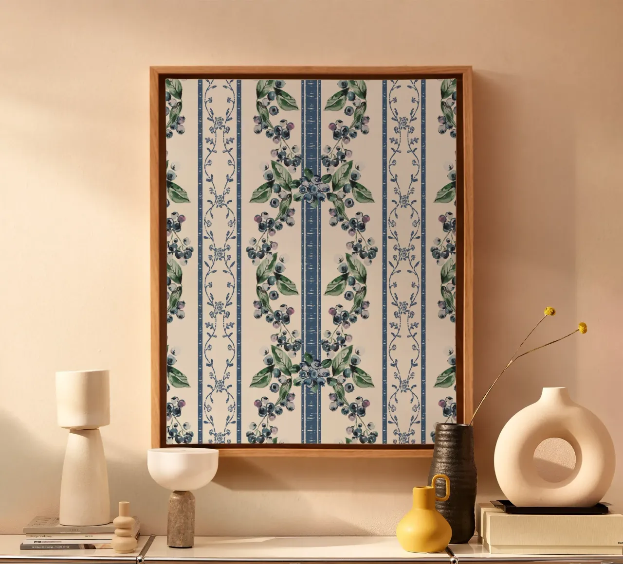 Blueberries Stripes Grandmillennial Pattern tela con Cornice a cassetta da anisillustration