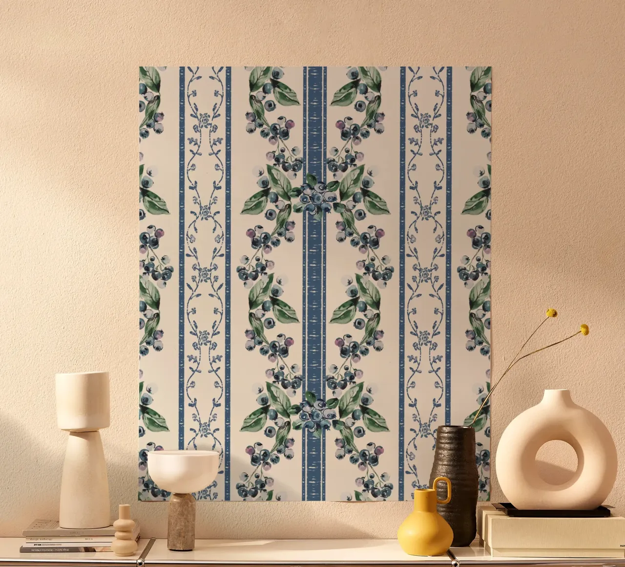 Blueberries Stripes Grandmillennial Pattern poster con telaio in legno da anisillustration