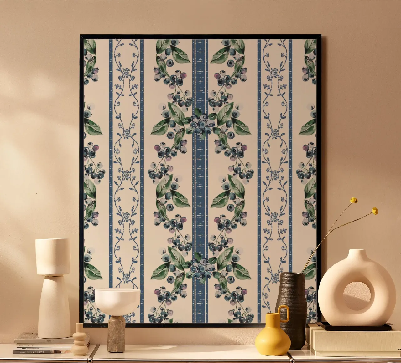 Blueberries Stripes Grandmillennial Pattern poster con telaio in legno da anisillustration